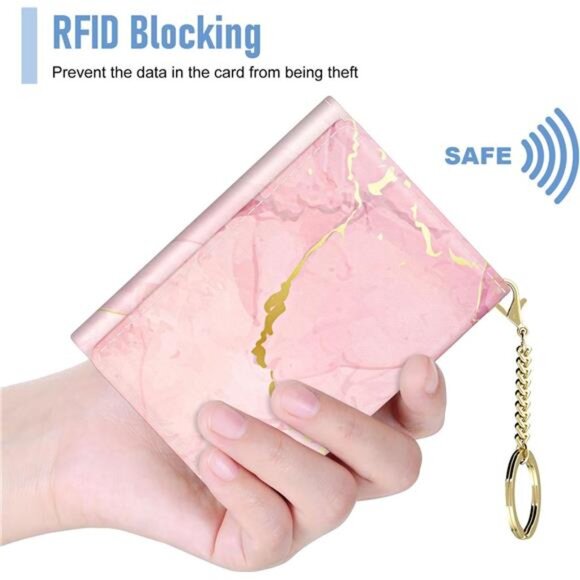 Small Slim RFID Card Wallets for Women Peach Pink Marble - Picture 4 of 6